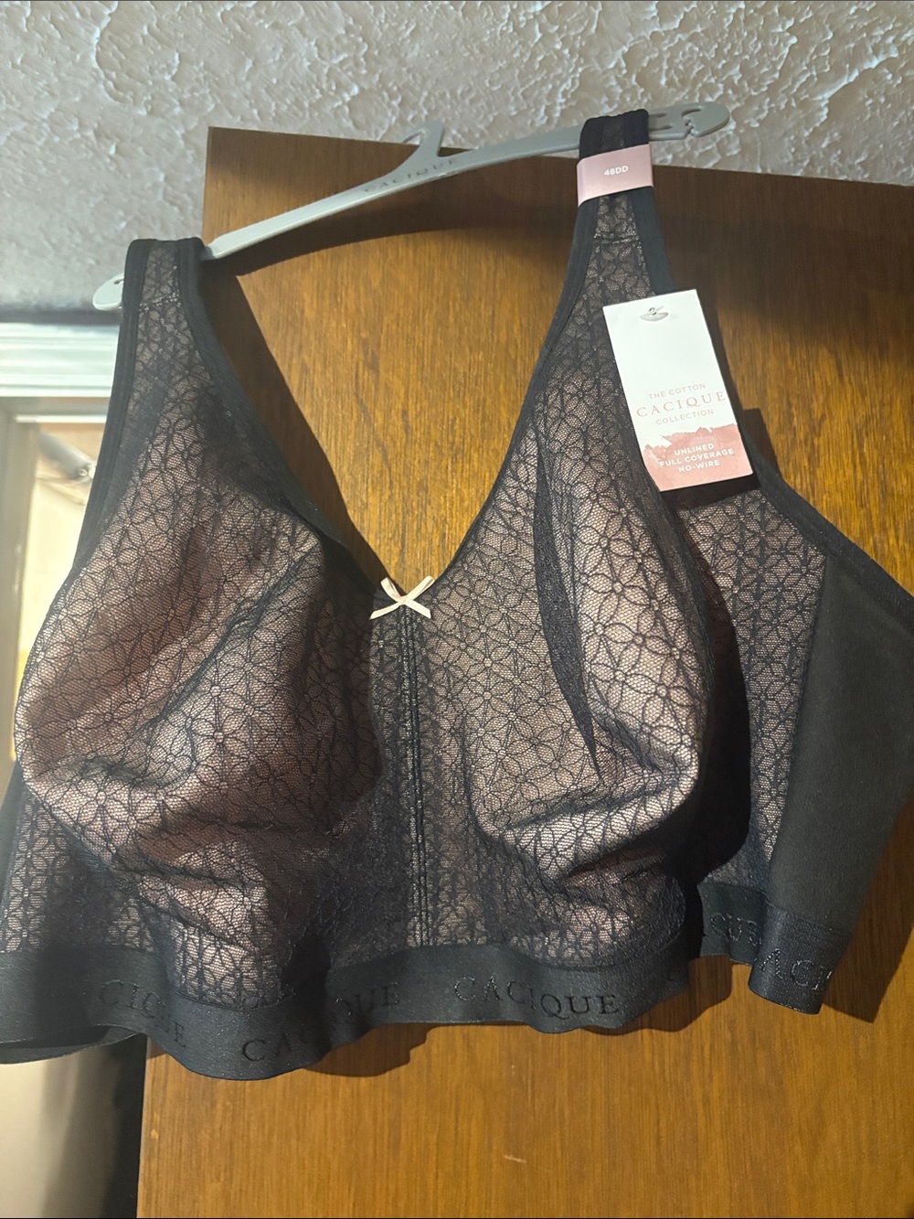 Cacique Black Sheer Lace Wireless Bralette with Pink Bow